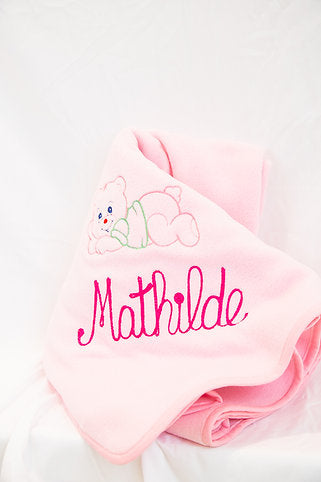 Coperta culla in pile, colori azzurro beige e rosa, Ricami Veronica